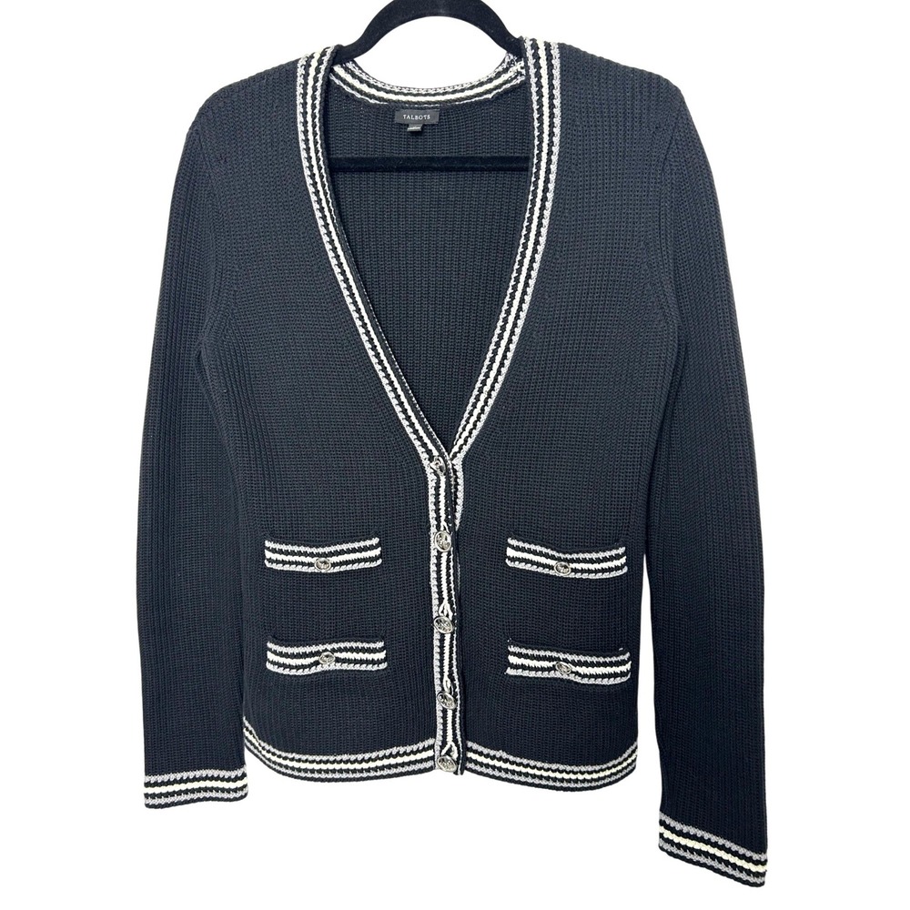 Talbots Cardigan Women XS Cotton Black Shaker Knit Button Front Preppy academia